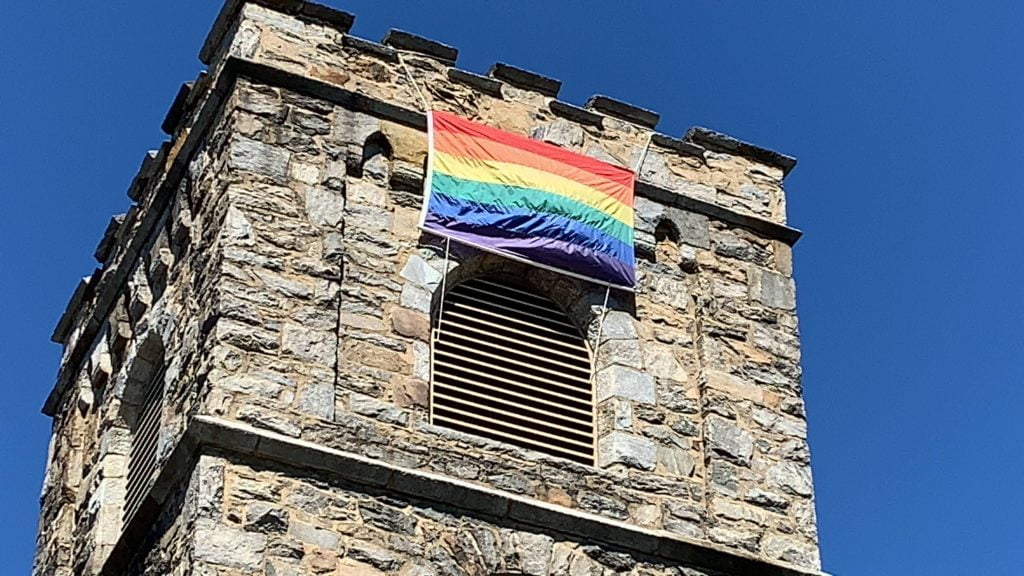 Flying the rainbow flag to signify Govans Presbyterian Church is an LGBTQ friendly church