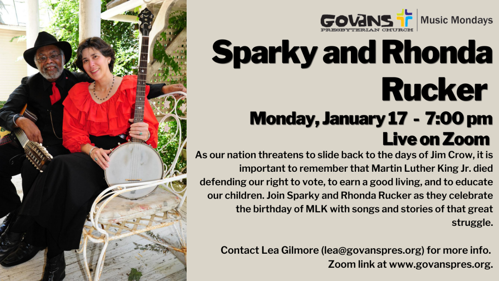 Flyer for Music Monday Event featuring Sparky and Rhonda Rucker