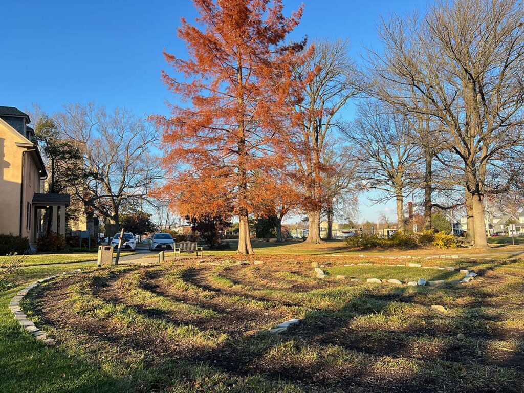 The Ellen Morriss Memorial Santa Rosa Labyrinth with fall foliage.
